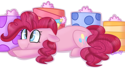Size: 1024x558 | Tagged: safe, artist:tater, character:pinkie pie, species:pony, female, present, prone, simple background, solo, white background