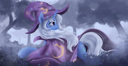 Size: 3092x1600 | Tagged: safe, artist:fluttersheeeee, character:trixie, species:pony, species:unicorn, cape, clothing, female, forest, hat, looking back, mare, mist, solo, trixie's cape, trixie's hat