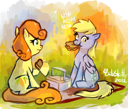 Size: 814x692 | Tagged: safe, artist:cuteskitty, character:carrot top, character:derpy hooves, character:golden harvest, species:pegasus, species:pony, ship:derpytop, cute, cutie top, female, lesbian, mare, nom, picnic, sandwich, shipping