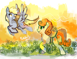 Size: 906x692 | Tagged: safe, artist:cuteskitty, character:carrot top, character:derpy hooves, character:golden harvest, species:pegasus, species:pony, ship:derpytop, cute, cutie top, female, lesbian, mare, shipping