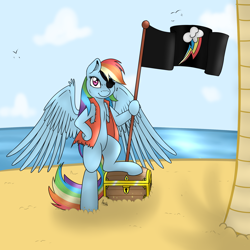 Size: 2000x2000 | Tagged: safe, artist:akashasi, character:rainbow dash, species:bird, species:pegasus, species:pony, beach, chest, clothing, coconut tree, eyepatch, female, flag, high res, mare, pirate dash, sand, smiling, solo, torn clothes, treasure chest, vest