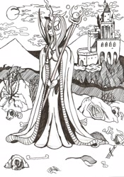 Size: 1632x2336 | Tagged: safe, artist:witkacy1994, character:queen chrysalis, species:anthro, bone, crossover, female, heroes of might and magic, heroes of might and magic 3, monochrome, necropolis, skull, solo, traditional art