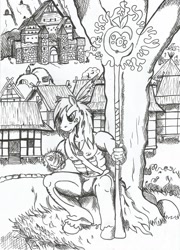 Size: 1648x2288 | Tagged: safe, artist:witkacy1994, character:big mcintosh, species:anthro, crossover, heroes of might and magic, heroes of might and magic 3, male, monochrome, rampart, solo, traditional art
