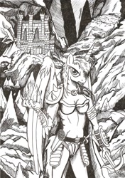 Size: 1640x2336 | Tagged: safe, artist:witkacy1994, character:princess luna, species:alicorn, species:anthro, species:pony, crossbow, crossover, dungeon, female, heroes of might and magic, heroes of might and magic 3, monochrome, solo, traditional art