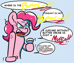 Size: 1159x994 | Tagged: safe, artist:tranzmuteproductions, character:pinkie pie, species:earth pony, species:pony, angry, comic, cupcake, cupcakes vs muffins, female, food, mare, simple background, solo