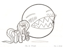 Size: 4000x3000 | Tagged: safe, artist:fascismnotincluded, character:fluttershy, species:pony, chain chomp, female, high res, monochrome, simple background, solo, super mario bros. 3, the legend of zelda, the legend of zelda: link's awakening, traditional art, white background