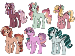 Size: 1200x900 | Tagged: safe, artist:ficklepickle9421, oc, oc only, oc:autumn leaves, oc:clouded sky, oc:eve, oc:petunia, oc:sunrise mist, oc:sweetie pie, parent:applejack, parent:big macintosh, parent:fluttershy, parent:pinkie pie, parent:rainbow dash, parent:rarity, parent:roseluck, parent:sugar belle, parent:sunset shimmer, parent:tempest shadow, parent:thunderlane, parent:twilight sparkle, parents:fluttermac, parents:rarilane, parents:sugarpie, parents:sunsetdash, parents:tempestlight, species:earth pony, species:pegasus, species:pony, species:unicorn, adoptable, bow, braided tail, chest fluff, female, freckles, hair bow, hair over one eye, magical lesbian spawn, mare, next generation, offspring, parents:rosejack, simple background, tongue out, white background