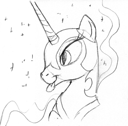 Size: 1280x1261 | Tagged: safe, artist:arrjaysketch, character:nightmare moon, character:princess luna, species:pony, blep, head shot, monochrome, profile, silly, sketch, tongue out