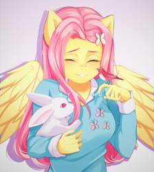 Size: 2500x2794 | Tagged: safe, artist:gyuumu, character:angel bunny, character:fluttershy, species:anthro, species:bird, species:pegasus, species:rabbit, g4, animal, bust, clothing, cute, digital art, eyes closed, female, happy, high res, mare, pleased, polo shirt, portrait, shirt, shyabetes, signature, simple background, smiling, solo, spread wings, t-shirt, text, wings