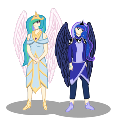 Size: 1482x1562 | Tagged: safe, alternate version, artist:cyril_deroach, derpibooru original, character:princess celestia, character:princess luna, species:human, art pack:equestria humanized project, alternative cutie mark placement, cutie mark, cutie mark on human, duo, humanized, royal sisters, simple background, transparent background, winged humanization, wings