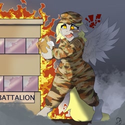 Size: 1280x1280 | Tagged: safe, artist:sintacle, character:derpy hooves, species:anthro, species:unguligrade anthro, burning, female, macro, military uniform, solo