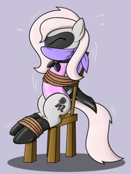Size: 1024x1365 | Tagged: safe, artist:nivek15, oc, oc only, oc:violet, arm behind back, bondage, boots, bound and gagged, box tied, cape, captured, chair, cloth gag, clothing, damsel in distress, eyes closed, gag, hero, leotard, mask, rope, rope bondage, rubber, shoes, sitting, solo, struggling, tied up