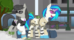 Size: 2115x1145 | Tagged: safe, artist:xphil1998, character:dj pon-3, character:octavia melody, character:vinyl scratch, crossover, gun, pair, payday, payday 2, weapon