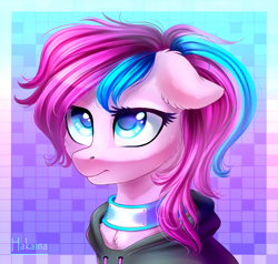 Size: 1000x950 | Tagged: safe, artist:hakaina, oc, oc only, oc:panda shade, species:pony, bust, clothing, collar, floppy ears, hoodie, portrait, solo, ych result