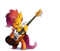 Size: 944x795 | Tagged: safe, artist:cuteskitty, character:scootaloo, species:pegasus, species:pony, bass guitar, bipedal, eyes closed, female, guitar, hoof hold, music, musical instrument, scootabass, solo