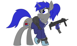 Size: 2560x1536 | Tagged: safe, artist:xphil1998, oc, oc only, oc:dream², species:pony, species:unicorn, clothing, crossover, gun, jacket, mp7, simple background, solo, tom clancy, tom clancy's the division, transparent background, weapon