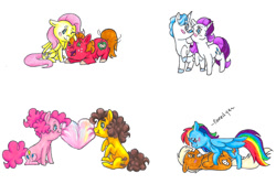 Size: 2123x1422 | Tagged: safe, artist:ask-y, character:big mcintosh, character:cheese sandwich, character:fancypants, character:fluttershy, character:pinkie pie, character:quibble pants, character:rainbow dash, character:rarity, ship:cheesepie, ship:fluttermac, ship:quibbledash, ship:raripants, behaving like a dog, blush sticker, blushing, bubblegum, female, food, gum, heart, kiss on the cheek, kissing, male, petting, shipping, simple background, straight, tail wag, tongue out, traditional art, white background