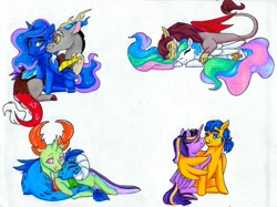 Size: 2103x1570 | Tagged: safe, artist:ask-y, character:discord, character:flash sentry, character:princess celestia, character:princess ember, character:princess luna, character:scorpan, character:thorax, character:twilight sparkle, character:twilight sparkle (alicorn), species:alicorn, species:changeling, species:pony, species:reformed changeling, ship:flashlight, ship:lunacord, alternate hairstyle, blush sticker, blushing, cuddling, embrax, ethereal mane, female, galaxy mane, hug, interspecies, male, ponytail, scorlestia, shipping, straight, traditional art, winghug