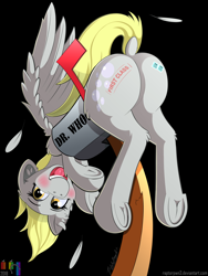 Size: 3000x4000 | Tagged: safe, artist:pedalspony, artist:raptorpwn3, character:derpy hooves, blushing, buttstuck, clumsy, cute, derpabetes, derpy inside a mailbox, feather, female, frog (hoof), implied shipping, implied straight, literal shipping, mail, mailbox, plot, solo, stamps, stuck, underhoof