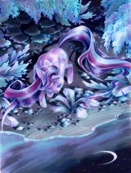 Size: 910x1200 | Tagged: safe, artist:fleebites, character:starlight glimmer, species:pony, species:unicorn, beautiful, eyes closed, female, moon, night, pond, scenery, solo, stars, traditional art