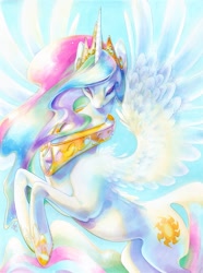 Size: 895x1200 | Tagged: safe, artist:fleebites, character:princess celestia, species:alicorn, species:pony, collar, crown, cutie mark, eyes closed, female, jewelry, mare, necklace, regalia, solo, traditional art