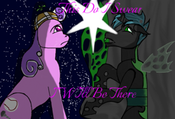 Size: 949x647 | Tagged: safe, artist:disneyfanatic2364, artist:kahnac, character:screwball, oc, oc:prince mothball, species:changeling, species:pony, fanfic:daughter of discord, i will be there, love, romance, song reference, the count of monte cristo