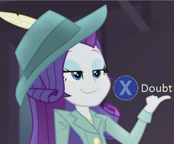 Size: 857x708 | Tagged: safe, artist:radicalweegee, edit, edited screencap, screencap, character:rarity, episode:rarity investigates: the case of the bedazzled boot, g4, my little pony: equestria girls, my little pony:equestria girls, clothing, cropped, detective rarity, doubt, hat, l.a. noire, press x to doubt, rarity investigates (eqg): pinkie pie
