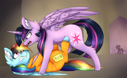 Size: 2269x1393 | Tagged: safe, artist:pinkdolphin147, character:rainbow dash, character:twilight sparkle, character:twilight sparkle (alicorn), species:alicorn, species:pony, b-f16, clothing, never doubt rainbowdash69's involvement, on back, prison outfit, prisoner, prisoner rd, pushing, tackle