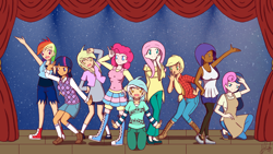 Size: 1820x1024 | Tagged: safe, artist:platinum-starz, character:applejack, character:bon bon, character:derpy hooves, character:fluttershy, character:lyra heartstrings, character:pinkie pie, character:rainbow dash, character:rarity, character:sweetie drops, character:twilight sparkle, species:human, alternate hairstyle, apron, boots, clothing, converse, crossover, dark skin, denim skirt, dress, female, flats, hoodie, humanized, jeans, love live! school idol project, open mouth, pants, pantyhose, school idol, shoes, shorts, skirt, sneakers, socks, stage, start:dash, sweater, sweater vest, sweatershy, thigh highs