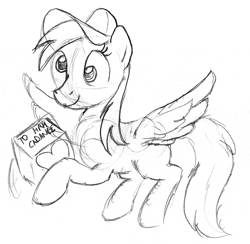 Size: 1280x1250 | Tagged: safe, artist:arrjaysketch, character:derpy hooves, species:pegasus, species:pony, art challenge, clothing, delivery, hat, implied princess cadance, monochrome, package, simple background, sketch, white background