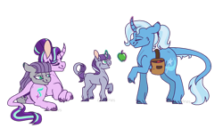 Size: 1024x591 | Tagged: safe, artist:curlyfriesarenice, artist:echabi, character:maud pie, character:starlight glimmer, character:trixie, oc, oc:mystic quarry, parent:maud pie, parent:starlight glimmer, parent:trixie, species:classical unicorn, species:pony, species:unicorn, ship:mauxie, ship:startrix, apple, cloven hooves, curved horn, family, female, filly, food, glowing horn, leonine tail, lesbian, magic, magical lesbian spawn, magical threesome spawn, multiple parents, offspring, parents:starmauxie, polyamory, shipping, simple background, starmaud, starmauxie, telekinesis, transparent background, unshorn fetlocks