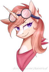 Size: 1573x2297 | Tagged: safe, artist:chaostrical, oc, oc only, oc:rusty gears, species:pony, species:unicorn, bust, clothing, female, goggles, mare, scarf, signature, simple background, solo, transparent background