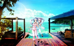 Size: 1024x640 | Tagged: safe, artist:gpro587, artist:yatonokami, character:aloe, character:lotus blossom, species:human, beach, duo, duo female, female, humanized, looking at you