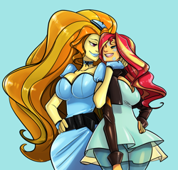 Size: 1280x1228 | Tagged: safe, artist:srasomeone, character:adagio dazzle, character:sunset shimmer, species:human, fanfic:her way with words, ship:sunsagio, my little pony:equestria girls, adagio dazzle gets around, belt, beret, big breasts, blue lipstick, breasts, busty adagio dazzle, busty sunset shimmer, choker, cleavage, clothing, dress, fanfic art, female, hat, heart eyes, hypnosis, kiss mark, kiss on the cheek, kissing, latex, latex dress, lesbian, lipstick, shipping, wingding eyes