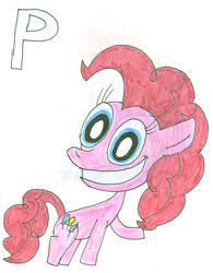 Size: 776x994 | Tagged: safe, artist:sithvampiremaster27, character:pinkie pie, species:earth pony, species:pony, female, grin, letter, looking at you, mare, p, simple background, smiling, solo, text, waving, white background