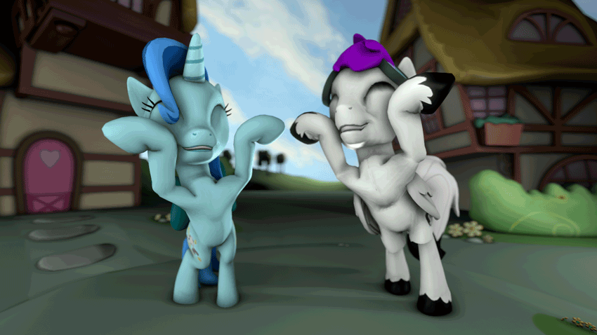 Size: 850x478 | Tagged: safe, artist:fishiewishes, oc, oc:fishie wishes, oc:reverb skyriff, species:pegasus, species:pony, species:unicorn, 3d, animated, bow, caramelldansen, dancing, eyes closed, female, goggles, male, source filmmaker