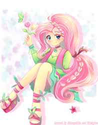 Size: 791x1011 | Tagged: safe, artist:shimayaeiko, artist:whiskyice, character:fluttershy, episode:friendship through the ages, g4, my little pony: equestria girls, my little pony:equestria girls, 60s, beautiful, blushing, braid, butterfly, clothing, collaboration, cute, female, flower, folk fluttershy, high heels, jewelry, looking at you, necklace, sandals, shoes, shyabetes, skirt, smiling, solo