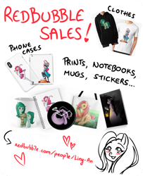 Size: 1000x1234 | Tagged: safe, artist:liny-an, character:fluttershy, character:pinkie pie, character:wallflower blush, oc, oc:violet sunflower, bag, clock, clothing, hoodie, mug, notebook, phone, phone case, redbubble, sale, sheet, shirt, t-shirt, text