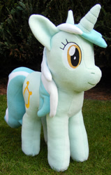 Size: 832x1308 | Tagged: safe, artist:hoppip, character:lyra heartstrings, species:pony, species:unicorn, female, front view, infamous, irl, lyra plushie, mare, outdoors, photo, plothole plush lyra, plushie, smiling, solo, standing