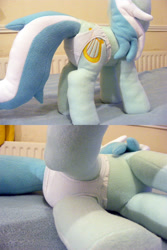 Size: 1280x1920 | Tagged: safe, artist:hoppip, character:lyra heartstrings, species:pony, species:unicorn, clothing, collage, female, indoors, infamous, irl, lying down, lyra plushie, mare, on side, panties, photo, plothole plush lyra, plushie, raised leg, side view, solo, standing, underwear, white underwear, worm's eye view