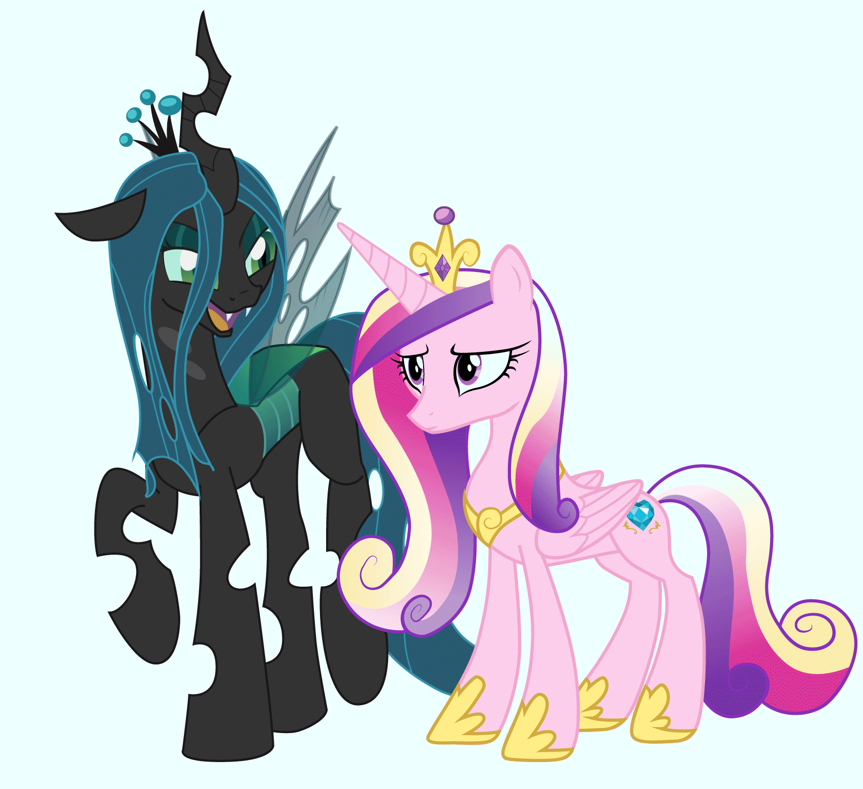 Size: 1699x1552 | Tagged: safe, artist:n238900, character:princess cadance, character:queen chrysalis, species:alicorn, species:changeling, species:pony, accessory swap, animated, blue background, body swap, changeling magic, changeling queen, changelingified, character to character, crown, disguise, disguised changeling, duo, eye color change, fake cadance, female, gif, glowing horn, growth, hoof shoes, jewelry, levitation, magic, mare, peytral, ponified, regalia, role reversal, shrinking, simple background, species swap, telekinesis, this explains everything, transformation