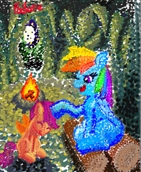 Size: 937x1140 | Tagged: safe, artist:failure, character:rainbow dash, character:scootaloo, species:pegasus, species:pony, campfire, cave, colored, drawthread, duo, female, filly, head pat, mare, mosaic, noogie, pat, requested art, scootalove, signature, stipple
