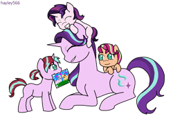 Size: 1280x862 | Tagged: safe, artist:hayley566, character:starlight glimmer, oc, oc:daydream flare, oc:daylight gleam, oc:evening glitter, parent:starlight glimmer, parent:sunset shimmer, parents:shimmerglimmer, species:pony, species:unicorn, icey-verse, ship:shimmerglimmer, cute, description is relevant, drawing, eyes closed, family, female, filly, glimmerbetes, lesbian, magical lesbian spawn, mare, mother and daughter, mouth hold, not sunset shimmer, offspring, picture, shipping, simple background, smiling, transparent background, younger