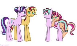 Size: 1280x761 | Tagged: safe, artist:hayley566, character:starlight glimmer, character:sunset shimmer, oc, oc:daydream flare, oc:daylight gleam, parent:starlight glimmer, parent:sunset shimmer, parents:shimmerglimmer, species:pony, species:unicorn, ship:shimmerglimmer, alternate hairstyle, description is relevant, family, female, hiding, hug, lesbian, magical lesbian spawn, mare, mother and daughter, nervous, offspring, open mouth, shipping, shy, simple background, transparent background