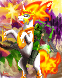 Size: 941x1168 | Tagged: safe, artist:failure, character:daybreaker, character:princess celestia, species:alicorn, species:human, species:pony, abstract background, armor, black sclera, colored, doom, doomguy, female, gun, helmet, humans riding ponies, male, mane of fire, mare, rearing, riding, shotgun, signature, weapon