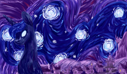 Size: 1280x740 | Tagged: safe, artist:inktwist, character:princess luna, species:alicorn, species:pony, bust, canterlot, ethereal mane, female, fine art parody, galaxy mane, glowing eyes, mare, painting, ponyville, starry night, style emulation, the starry night