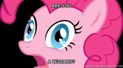 Size: 700x393 | Tagged: safe, artist:flizzick, character:pinkie pie, are you a wizard, black background, exploitable meme, female, meme, memegenerator, simple background, solo