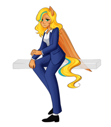 Size: 2188x2500 | Tagged: safe, artist:liny-an, oc, oc only, oc:graceful wing, species:human, clothing, digital art, eared humanization, female, humanized, humanized oc, pony coloring, request, sitting, solo, suit, tailed humanization, winged humanization