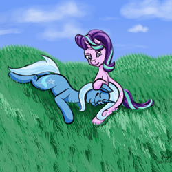 Size: 800x800 | Tagged: safe, artist:bleuey, character:starlight glimmer, character:trixie, species:pony, species:unicorn, ship:startrix, female, field, lesbian, lying down, shipping