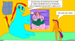 Size: 1222x658 | Tagged: safe, artist:jacobfoolson, character:rainbow dash, character:scootaloo, 1000 hours in ms paint, cosmopolitan, deliberately crude, fat, needs more saturation, nightmare fuel, obese, tess holiday